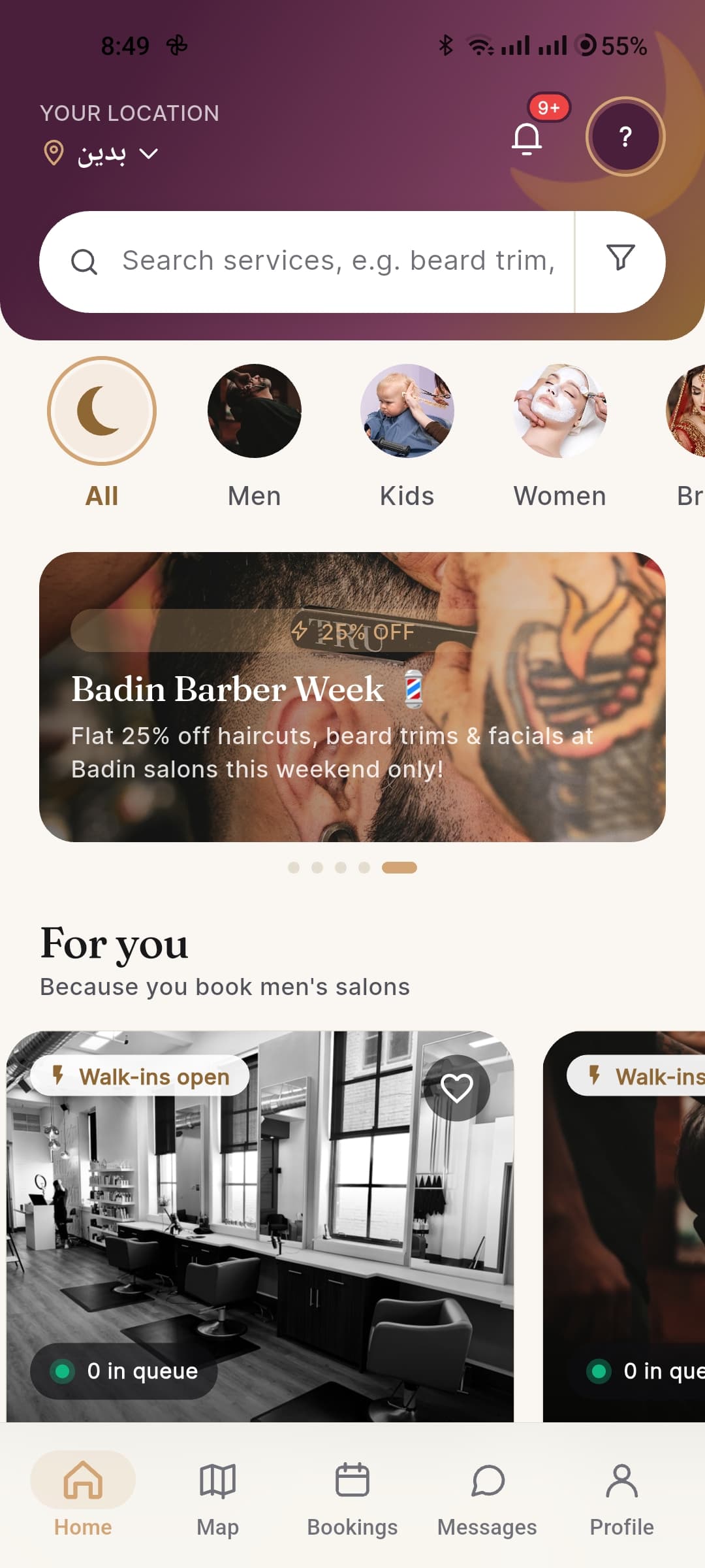 Kaloon home screen showing nearby salons and barbers