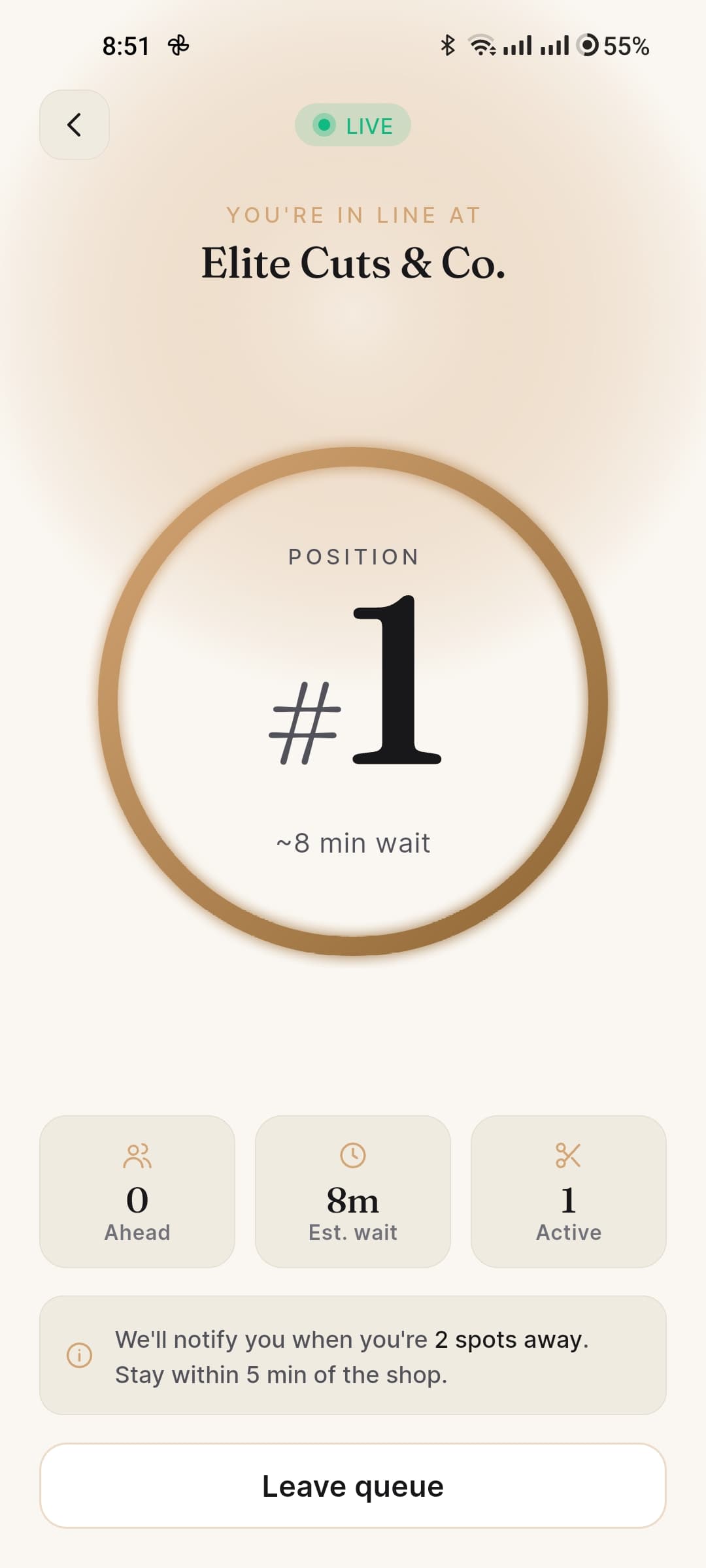 Kaloon live walk-in queue showing position #1