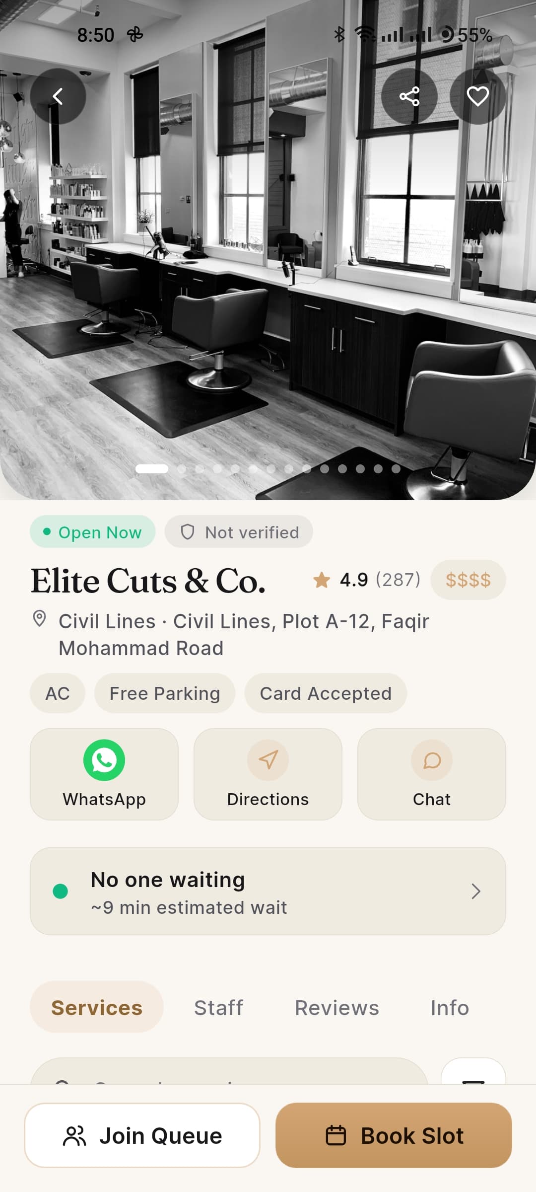 Kaloon shop page for Elite Cuts & Co. with Book Slot button