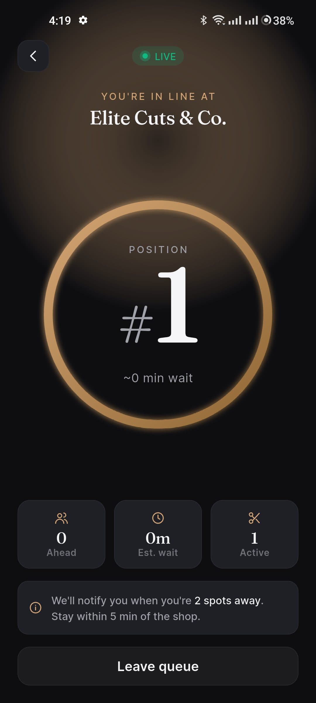 Kaloon live queue screen showing position #1 with estimated wait time