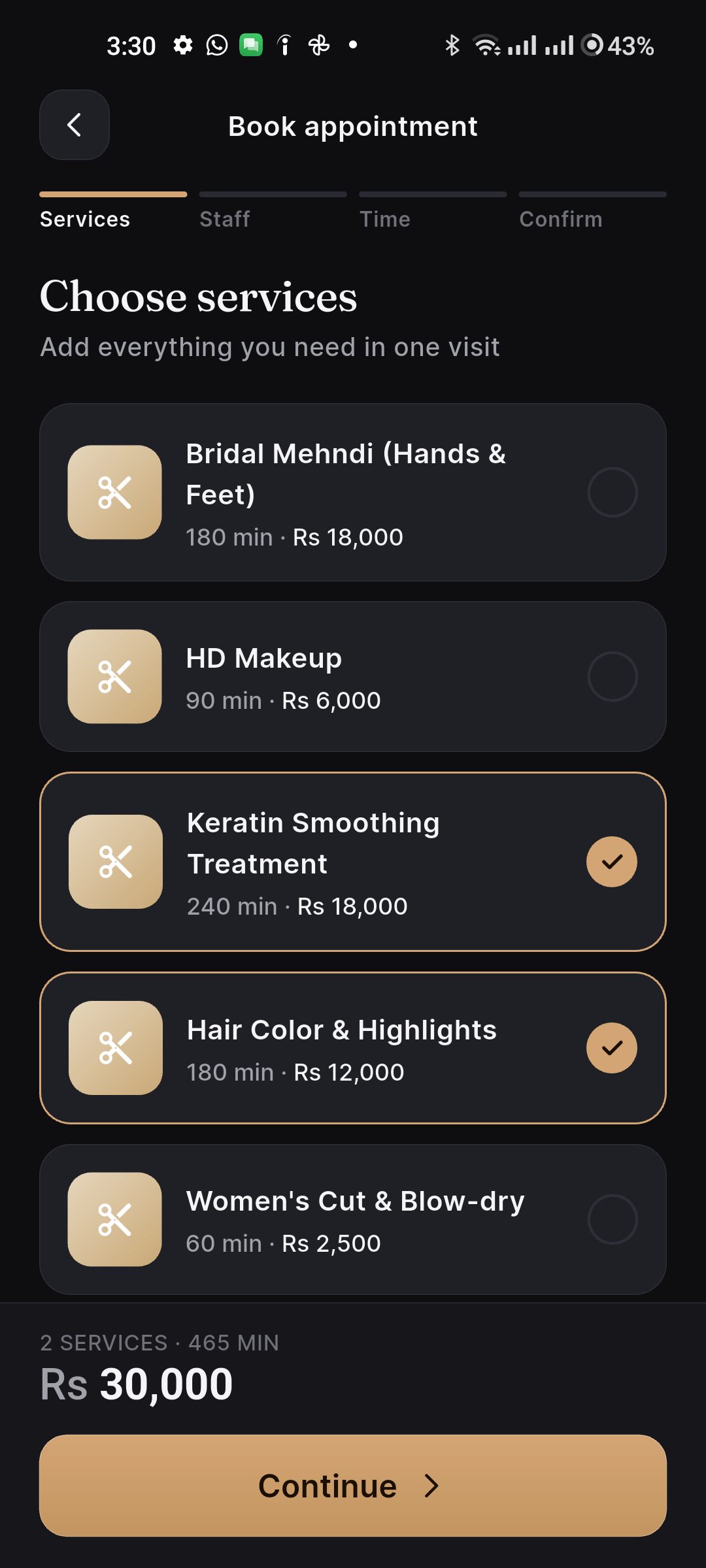 Kaloon booking flow showing selected services with running price and duration